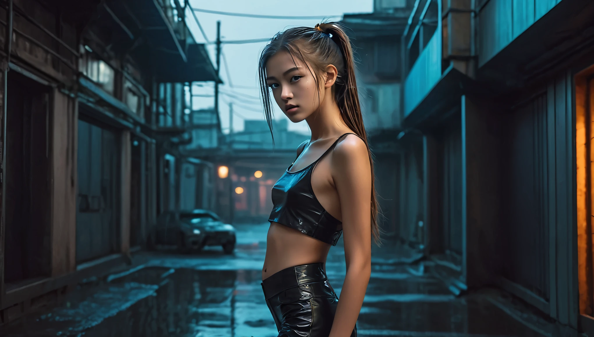 Top Quality, Masterpiece, High Resolution, 8k, (((cute skinny barely legal girl in oversized crinkle top and wetlook leggings, bare belly, wide neckline, deep neckline, small perky breasts, beautiful detailed eyes, beautiful detailed lips, small closed mouth, extremely detailed face, long ponytail hair, small hips))), cyberpunk apartment, moody atmosphere, dramatic and random neon colors, futuristic setting, intricate details, at night, backlit, full body shot, view from distance 