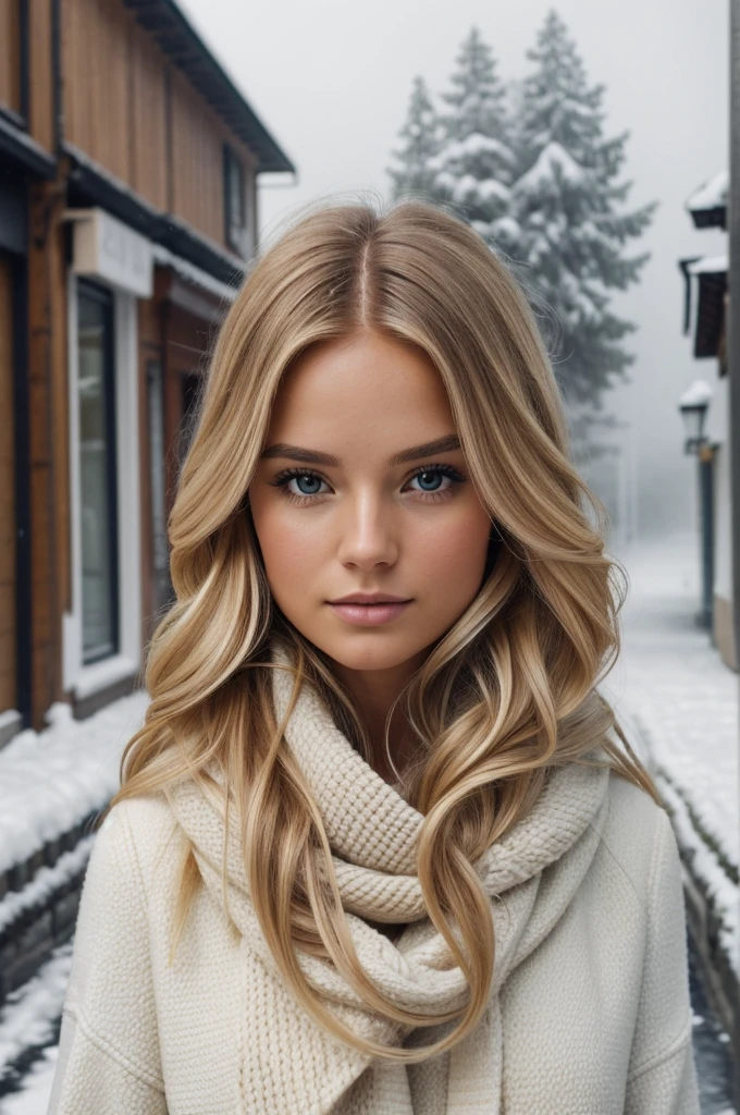 proFessional portrait photograph oF a gorgeous Norwegian girl in winter clothing with long wavy blonde hair, sultry Flirty look, gorgeous symmetrical Face, lindo maquillaje natural, wearing elegant warm winter Fashion clothing, ((parado afuera en una calle nevada de la ciudad)), impresionante entorno urbano moderno, ultra realista, arte conceptual, elegant, muy detallado, Intrincado, sharp Focus, depth oF Field, F/1. 8, 85mm, Tiro medio, plano medio, (((proFessionally color graded))), bright soFt diFFused light, (volumetric Fog), tendencia en instagram, hdr 4k, 8k