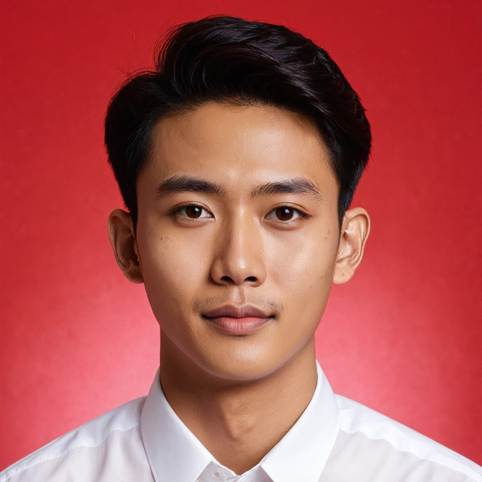 formal photo with red background, a 25 year old man with an Indonesian face, oval face, short side parted hair style, thin body, wearing a white shirt