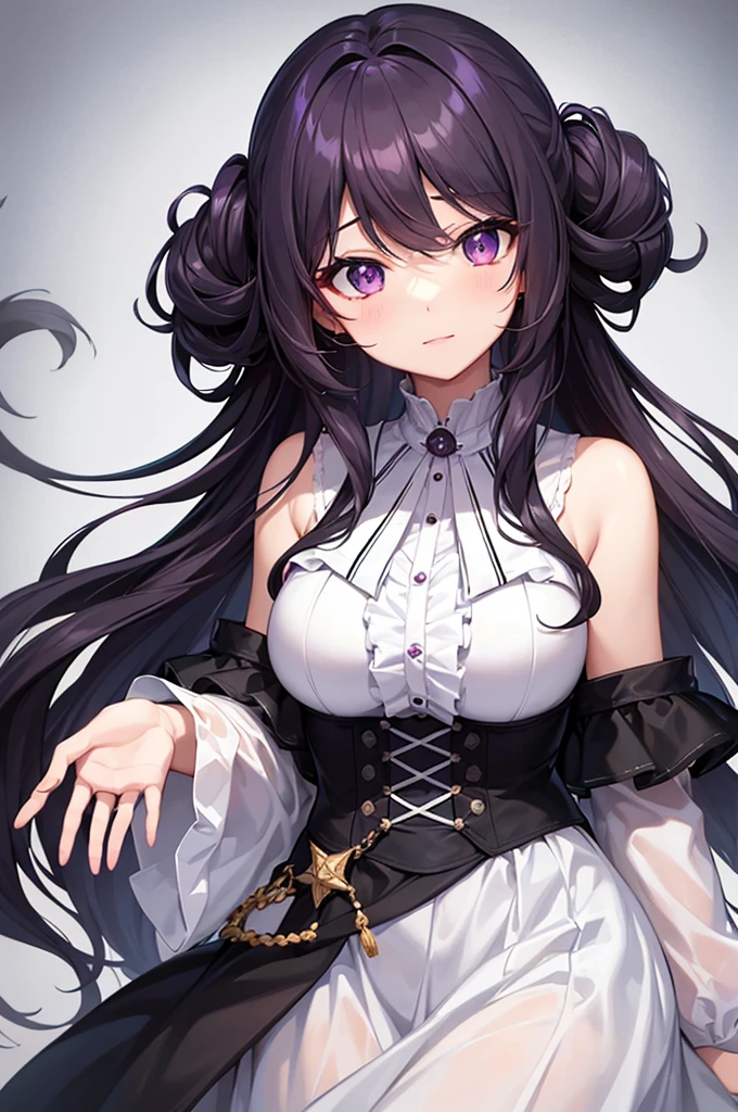 ((Highest quality)), One Woman, Highest quality, masterpiece,黒hair, Purple eyes,Black clothes, front, Upper Body,hair,Fair skin,長いhair、Curly Hair、White blouse、clear、beautiful