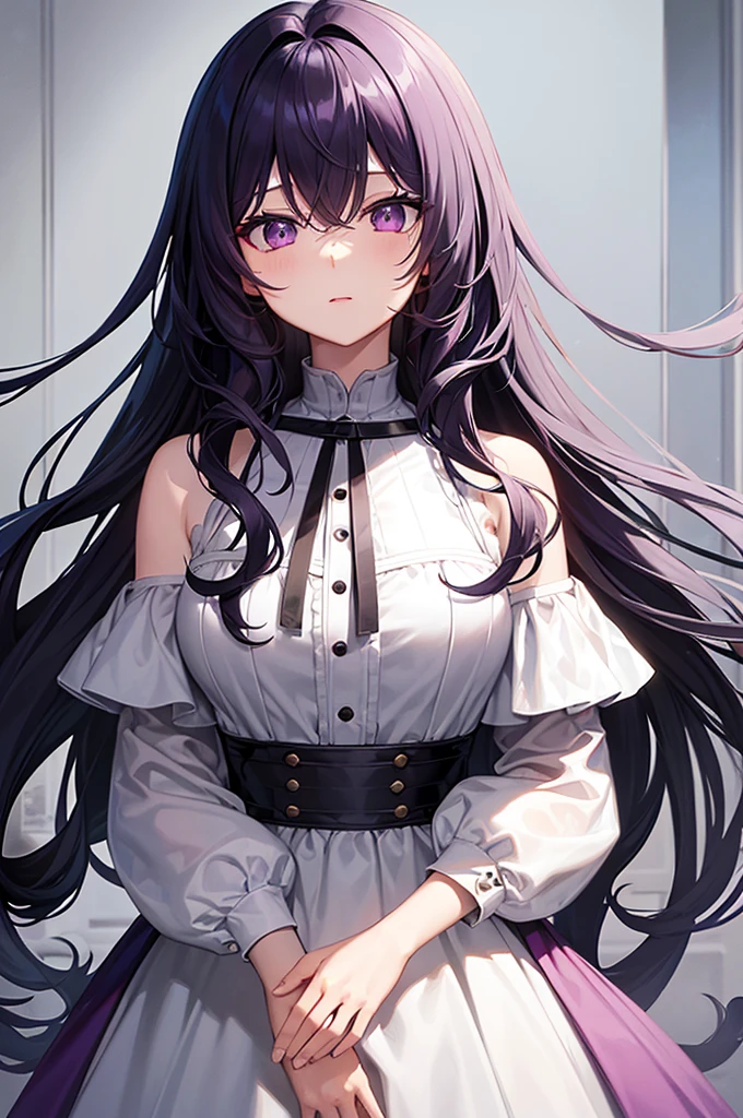A woman with black hair with white highlights, with lilac eyes, with a mark on the cheek