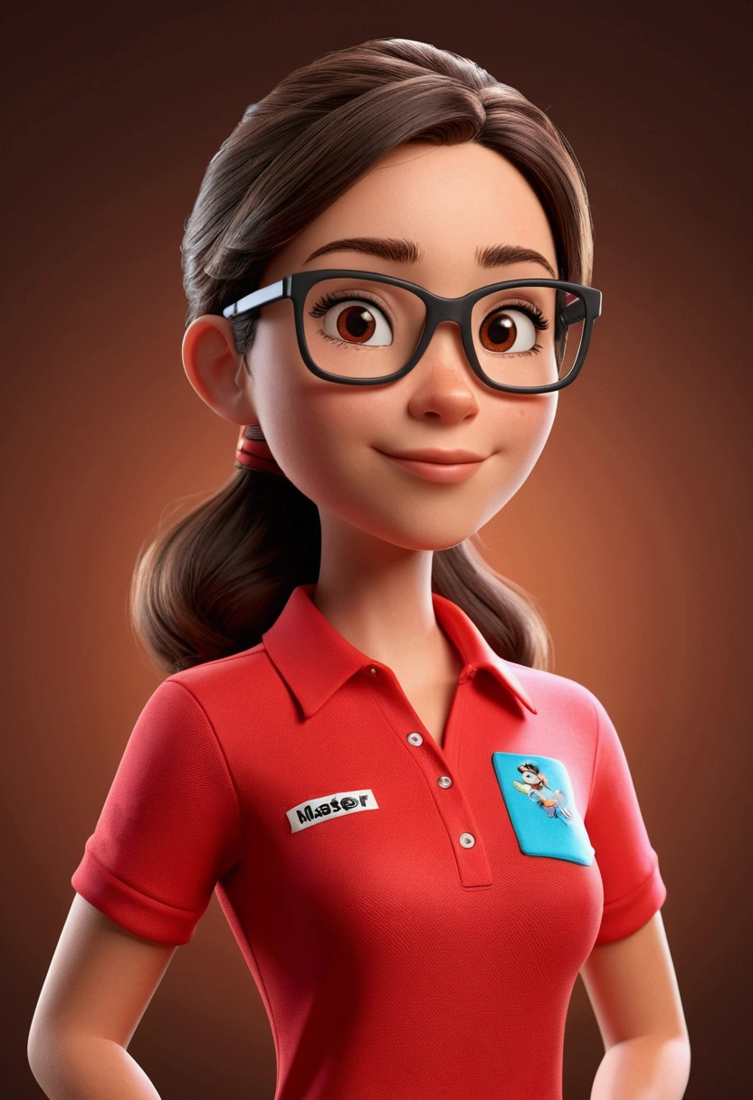 Cartoon character of a brunette woman wearing short safety glasses and a red polo shirt that has sublimated lettering "harris", straight hair, Factory worker character, stylized character, animation style rendering, 3D stylized, harris renderizada, Render 3D stylized, Toon render keyshot, 3D character, 3D character, Stylized 3D rendering, 3d character rendering, cartoon character, Full body character, Character pose, (Disney style) (master part:1.2) (bokeh) (Best Quality) (detailed skin) (Detailed texture) (8k) (clay) (cinematic lighting) (sharp focus)
