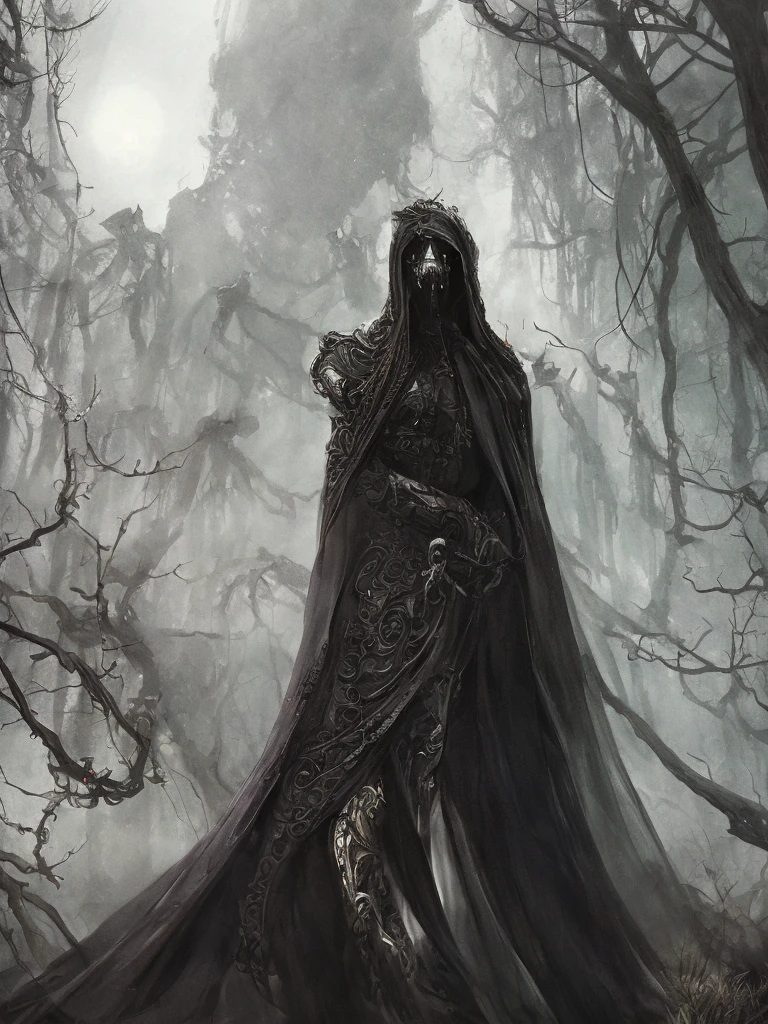An intricate depiction of the Grim Reaper surrounded by a dark aura, horror concept art, dark fairytale atmosphere, Johan Grenier style, Alyssa Monks style