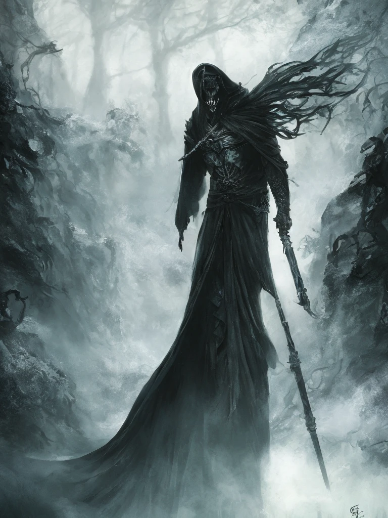 An intricate depiction of the Grim Reaper surrounded by a dark aura, horror concept art, dark fairytale atmosphere, Johan Grenier style, Alyssa Monks style