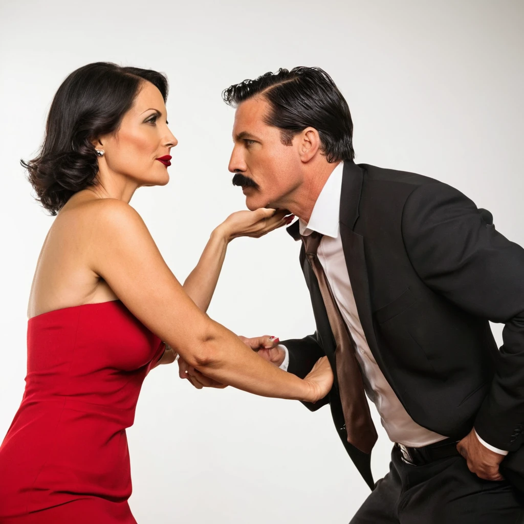 The man in his 45s with black very short hair and smooth face with moustache. The woman in her 45s with brown wacy long hair. The man is wearing a black suit. The woman is wearing red strapless dress. The woman is pulling the man's tie. They are looking at each other passionately. White background. Studio. Posing for magazine cover. HDR. UHD. Cinematic.