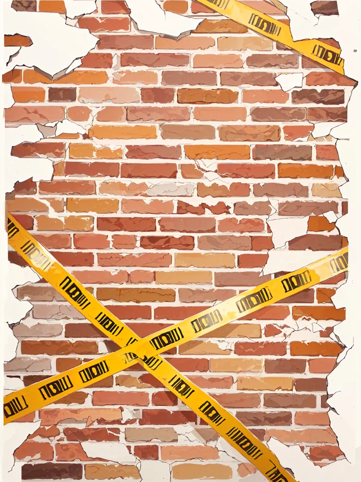 yellow tape is taped around a brick wall with a  sign, , 摇摇欲坠的brick石, brick wall, brick walls, brick wall background, brick, cracked brick wall, painted on a brick wall, brick debris, Graffiti _ background ( smokes ), cracked brick background, Danger, bricks, background artwork, brick wall texture, red bricks, firewall, artwork，Anime style，Detective Conan painting style