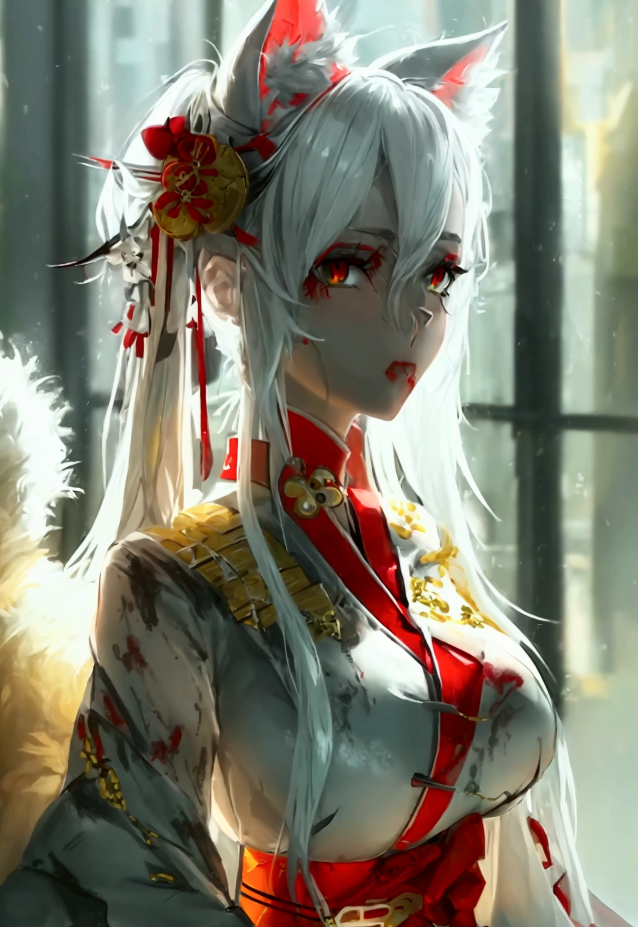 Make a full body sexy character with 2D graphics based on current anime 4k-8k The character is 22 years old. Mature body with big breasts and curves. Eyes red, white cat ears, long white hair down to the ankles. Cat's furry tail. The outfit is a mix of traditional Japanese kimono, Qipao chines stylized in a cyberpunk way. The colors of the clothes are predominantly white with details of blood red and gold.. With sock 3/4 black and white, stylish ninja sandals.