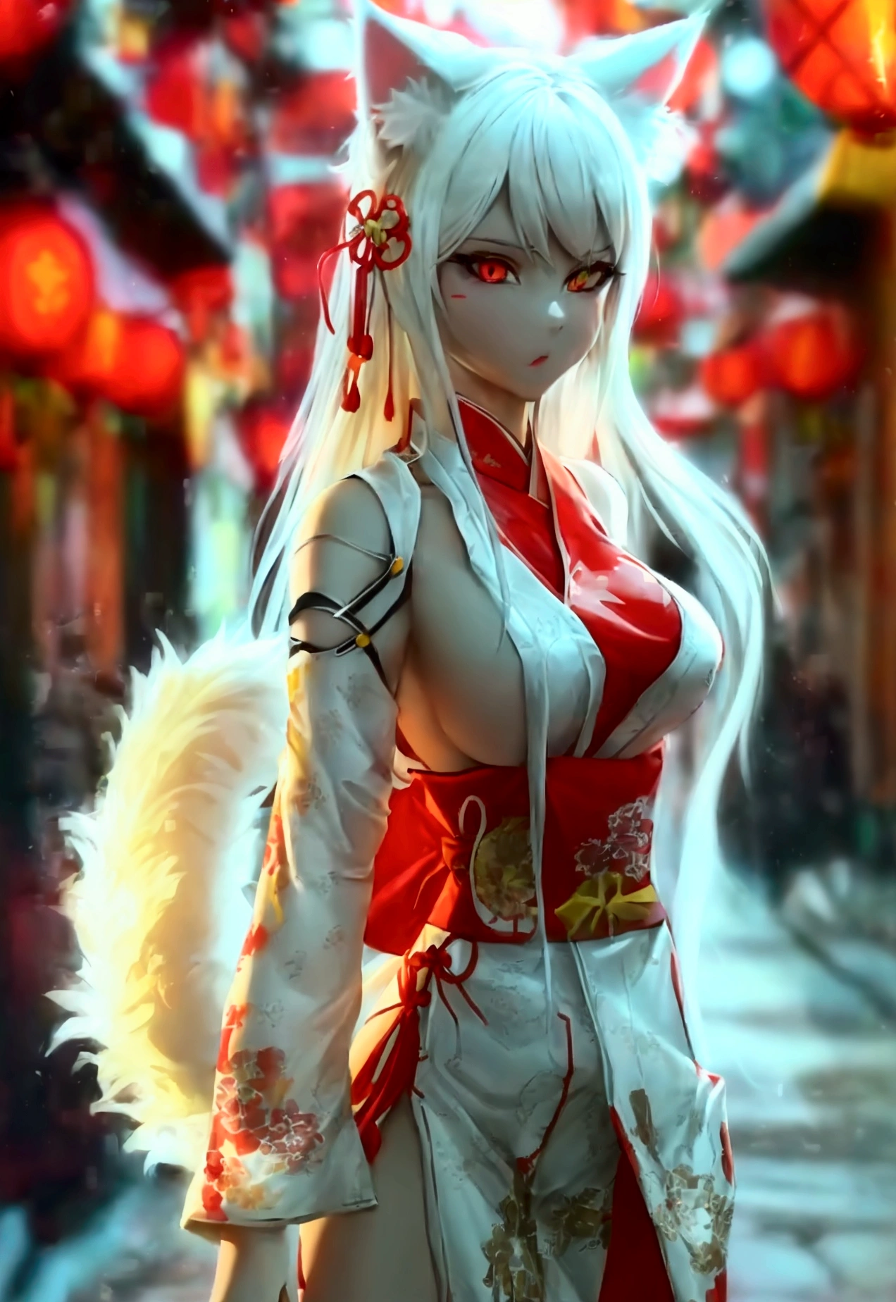 Make a full body sexy character with 2D graphics based on current anime 4k-8k The character is 22 years old. Mature body with big breasts and curves. Eyes red, white cat ears, long white hair down to the ankles. Cat's furry tail. The outfit is a mix of traditional Japanese kimono, Qipao chines stylized in a cyberpunk way. The colors of the clothes are predominantly white with details of blood red and gold.. With sock 3/4 black and white, stylish ninja sandals.