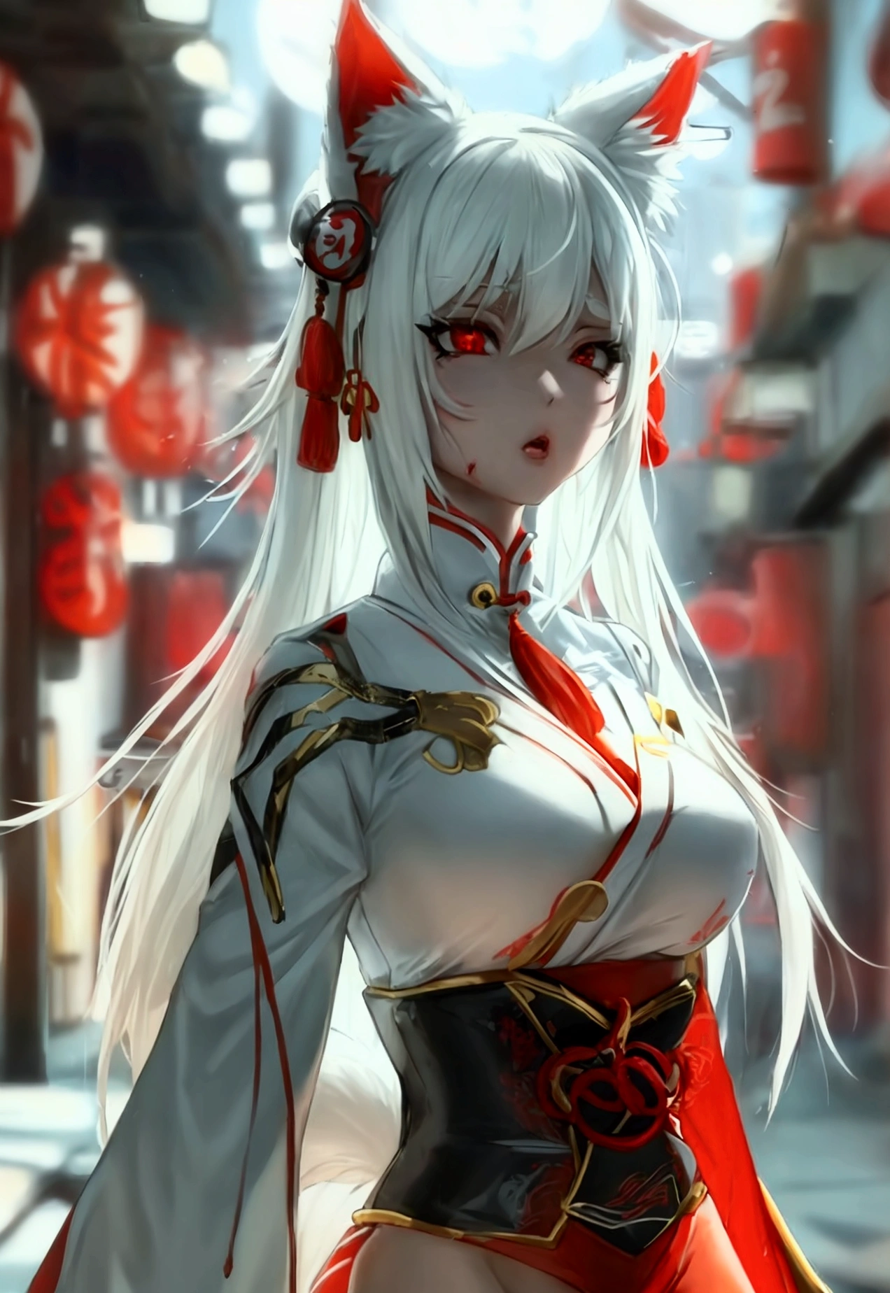 Make a full body sexy character with 2D graphics based on current anime 4k-8k The character is 22 years old. Mature body with big breasts and curves. Eyes red, white cat ears, long white hair down to the ankles. Cat's furry tail. The outfit is a mix of traditional Japanese kimono, Qipao chines stylized in a cyberpunk way. The colors of the clothes are predominantly white with details of blood red and gold.. With sock 3/4 black and white, stylish ninja sandals.