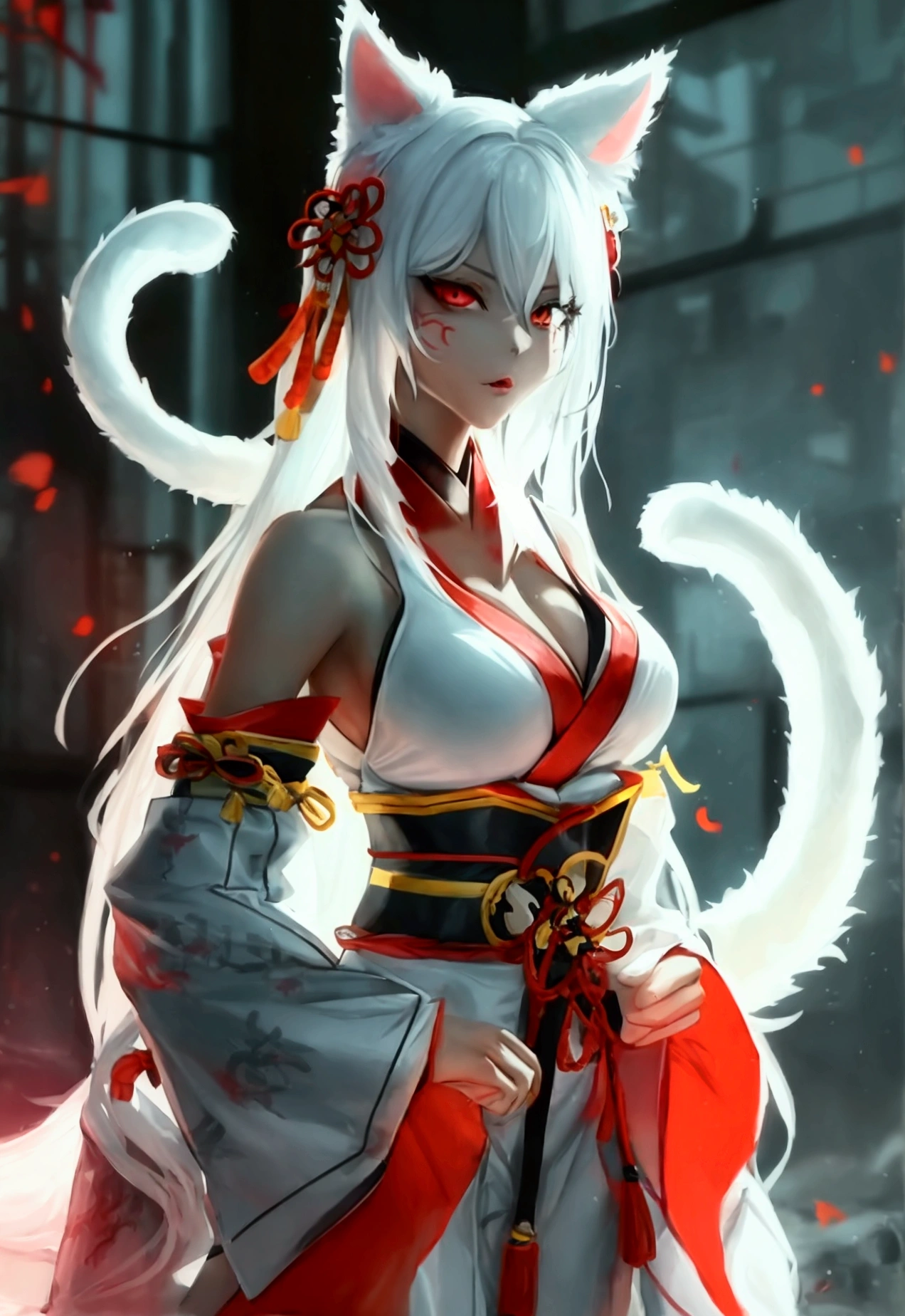 Make a full body sexy character with 2D graphics based on current anime 4k-8k The character is 22 years old. Mature body with big breasts and curves. Eyes red, white cat ears, long white hair down to the ankles. Cat&#39;s furry tail. The outfit is a mix of traditional Japanese kimono, Qipao chines stylized in a cyberpunk way. The colors of the clothes are predominantly white with details of blood red and gold.. With sock 3/4 black and white, stylish ninja sandals.