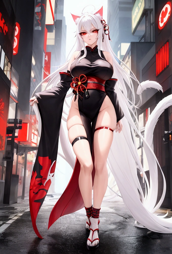 Make a full body sexy character with 2D graphics based on current anime 4k-8k The character is 22 years old. Mature body with big breasts and curves. Eyes red, white cat ears, long white hair down to the ankles. Cat's furry tail. The outfit is a mix of traditional Japanese kimono, Qipao chines stylized in a cyberpunk way. The colors of the clothes are predominantly white with details of blood red and gold.. With sock 3/4 black and white, stylish ninja sandals.