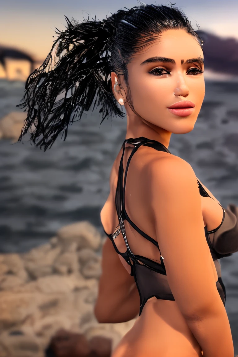 (masterpiece), best quality, expressive eyes, perfect face, , Medium breasts, Brown eyes, Eve, Short bob haircut, Stellar blade, Fringe hair, Athletic body, Ponytail hair, woman walking in the cyber city