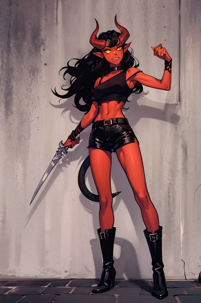 1 girl, tiflin, Redskin, yellow eyes, black sclera, pointy ears, red horns, short shoulder length wavy black hair, Sharp teeth, black sleeveless shirt, black shorts, black off shoulder sleeves, dishonest clothing, demon tail, black boots, dagger in hand, leaning on a wall, looks 25 years old