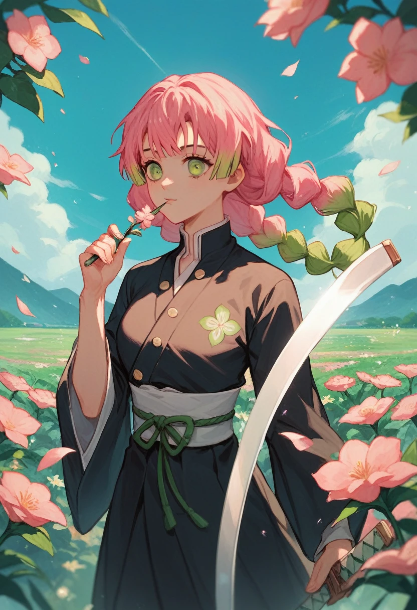 Mitsuri\(Demon slayer\), 1 girl, Kanroji Mitsuri, pink hair with green highlights,black dress marking the body holding a sword with flowers ( big boobies