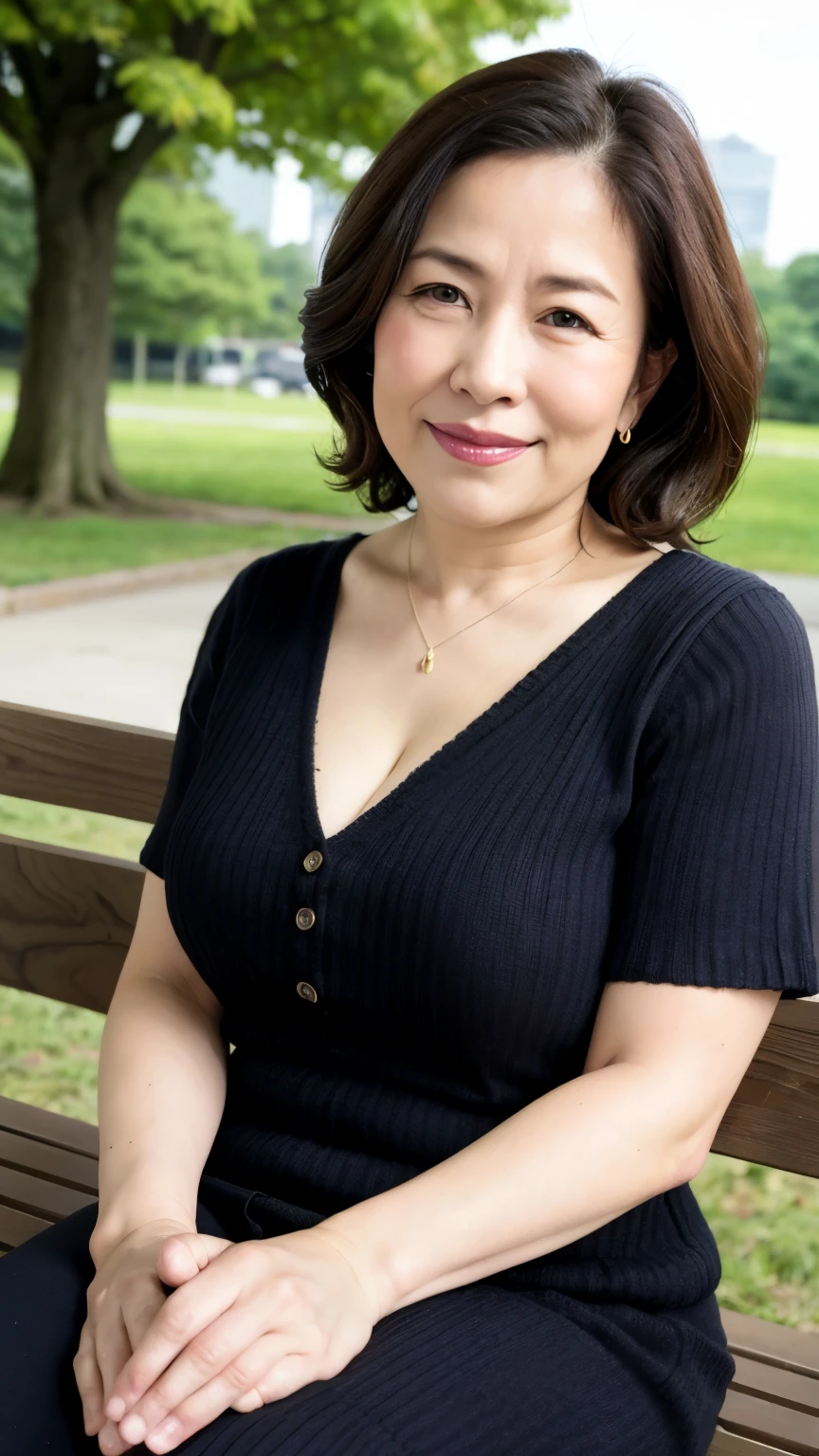最high quality, In 8K, Masseter region, Genuine, Sharp focus, high quality, High resolution, Detailed face, fine grain, Thick lips, Background Blur, alone, Middle-aged women, , 65 years old, , Wavy Hair, Cleavage, Wearing a plain short-sleeved knit, sitting on a park bench, Wrinkles around the eyes, Smiling with teeth showing