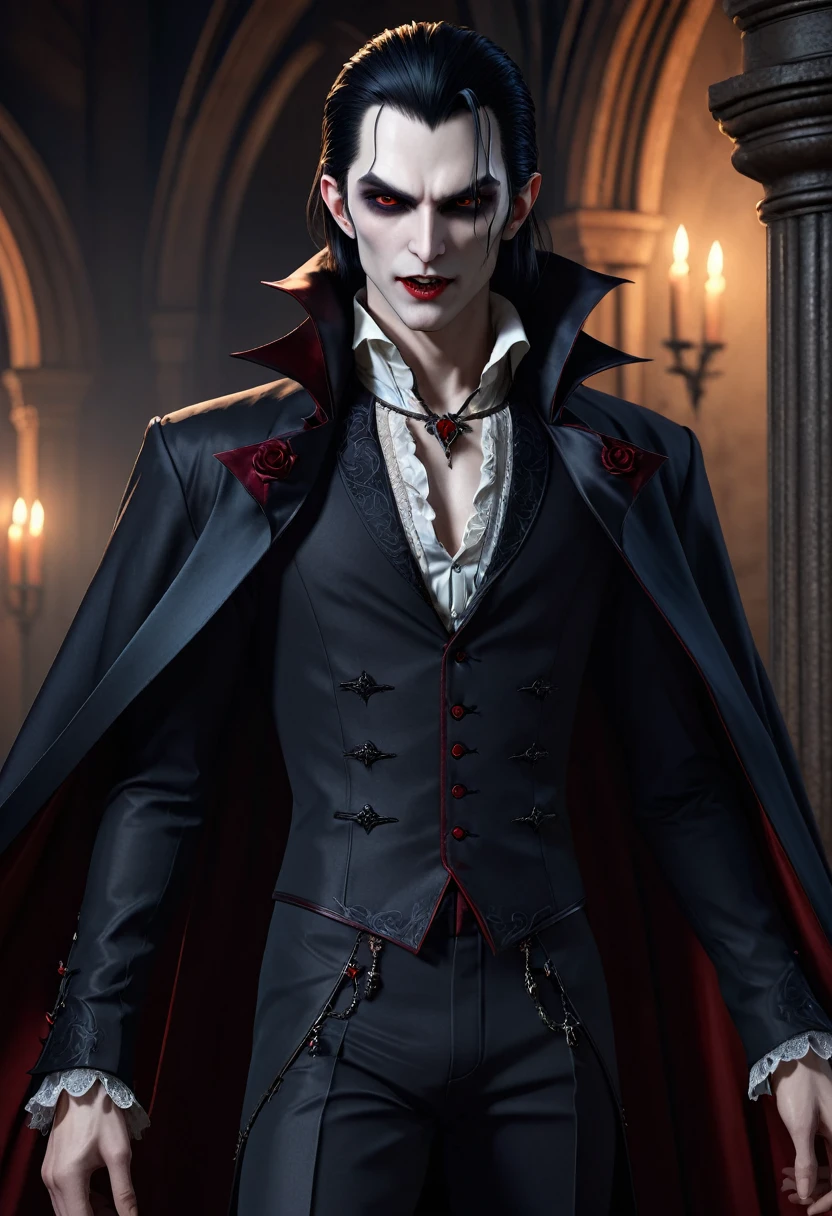 high quality 8k resolution, detailed and haunting, best quality, masterpiece, photorealistic, ultra-detailed, vampire, male, cunning, full body, anime