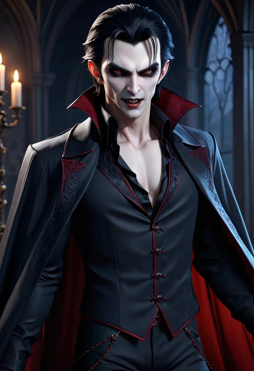 high quality 8k resolution, detailed and haunting, best quality, masterpiece, photorealistic, ultra-detailed, vampire, male, full body, anime, rich, drinking blood