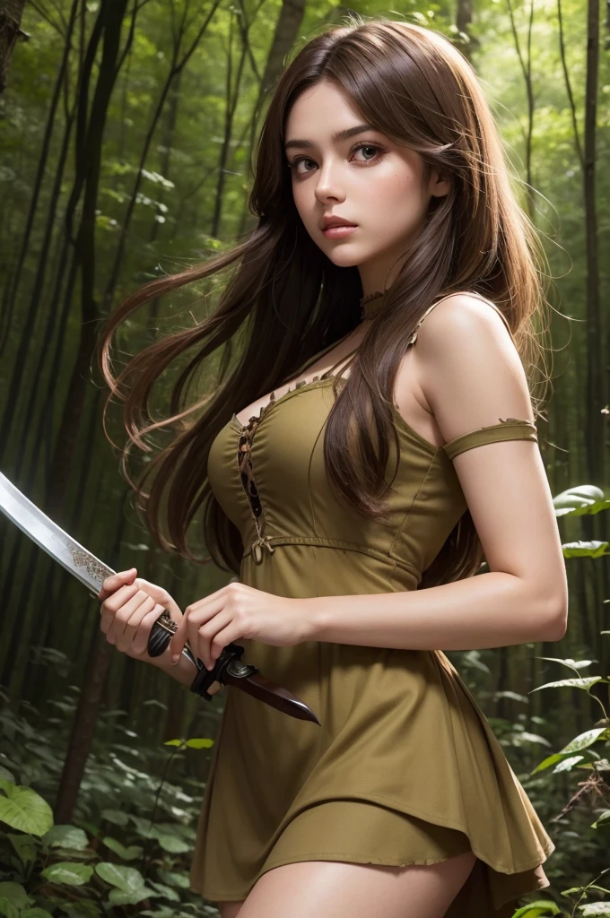 Make a 70s girl with brown hair and caramel eyes in a torn dress in a forest with a sword