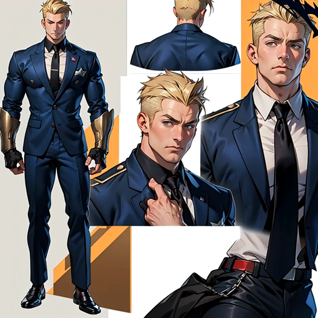 A model sheet of a muscular adult Captain America, short blonde quiff hair, shaved neck, wears a dark blue suit-style outfit, light beige and black tie, black pants and black shoes, Using detailed gauntlets, in different poses, various face angles, Facial expressions, 8k quality.