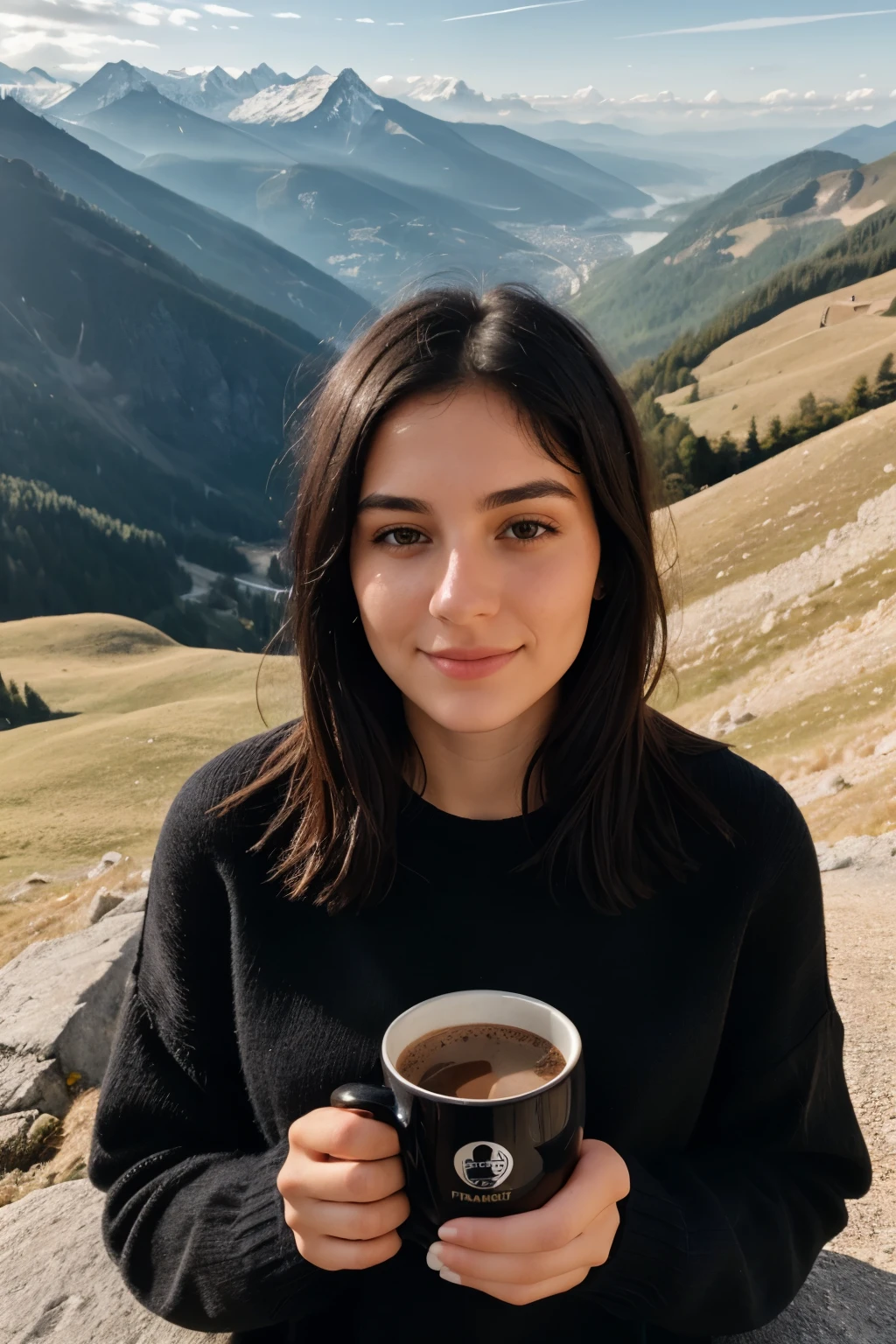 instagram photos, 21 year old French woman, shorth hair, black hair, Close-up portrait, pullover, blass, hard shadows, in the mountain, enjoying a morning coffee (calm, peaceful)
