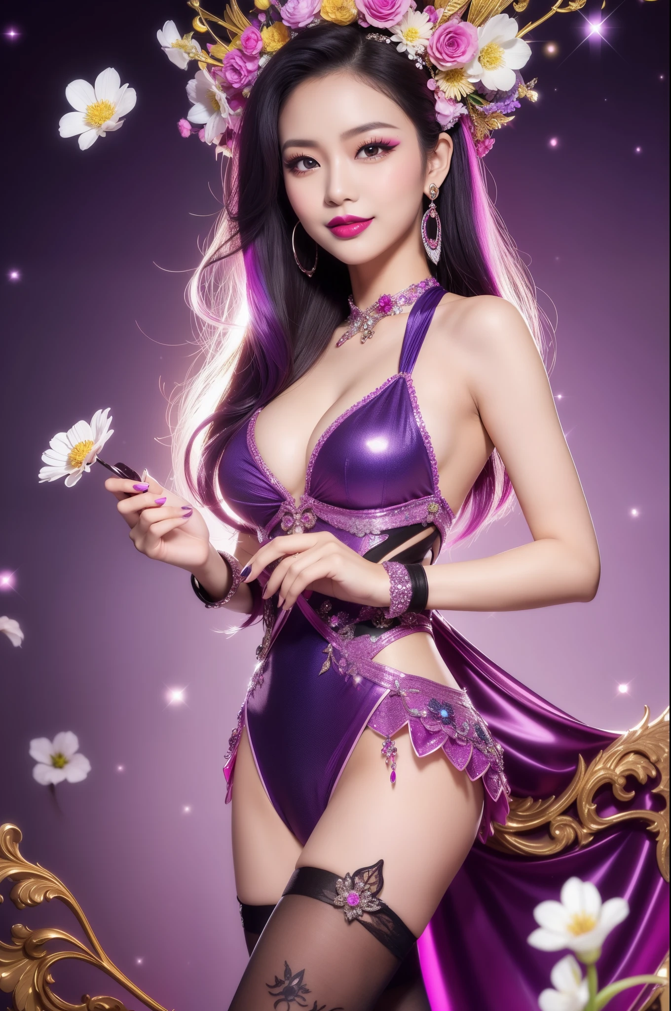 sexy Thai model who controls poison、beautiful smile、lipgloss、bold lipstick、intense makeup、look at the camera、full body Esbian、、sparkling poisoned flower costume、、、、sparkling Colorful hair、secrete poison、skull hair accessories、sexy tights、shiny sparkling flowers background