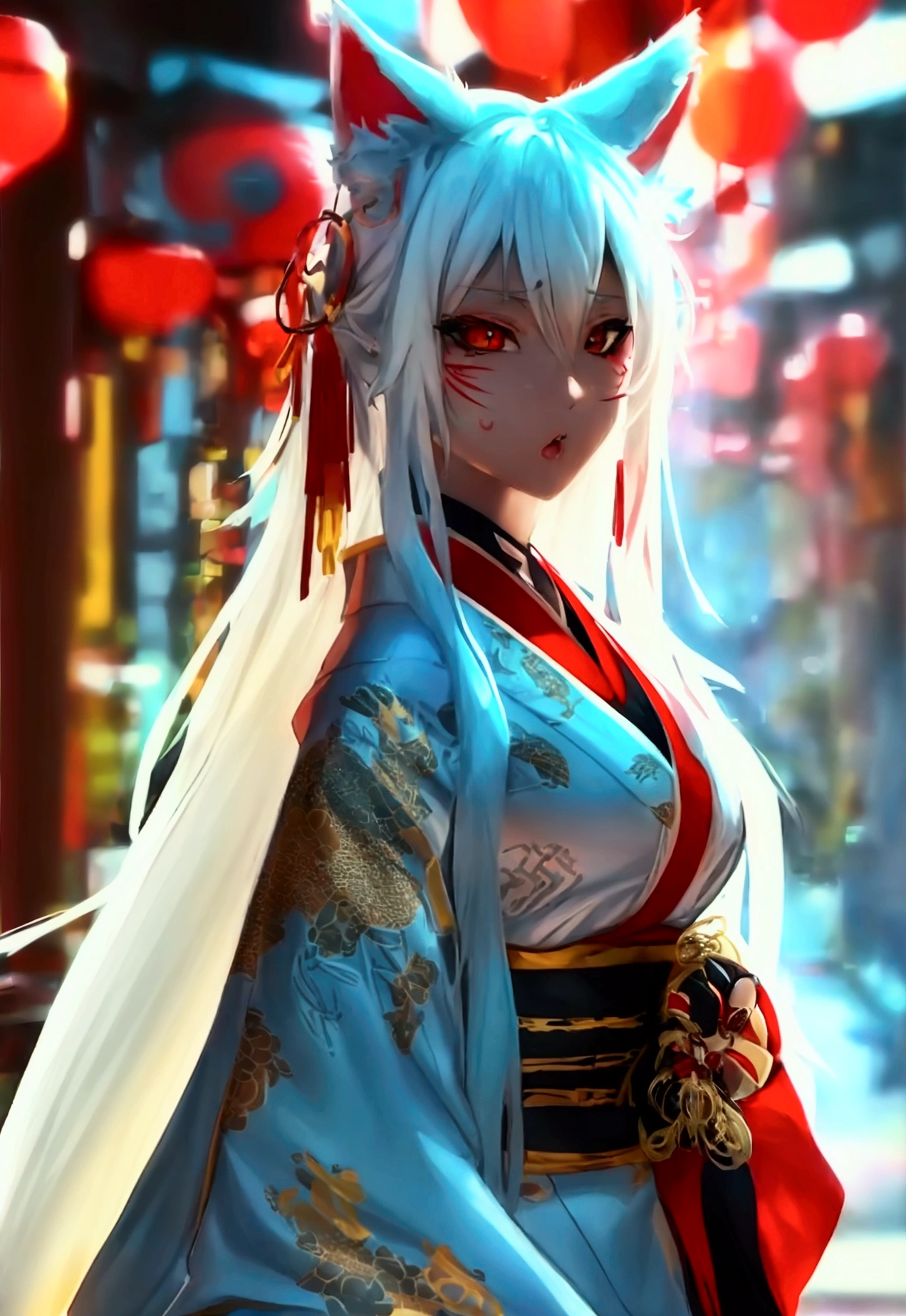 Make a full body sexy character with 2D graphics based on current anime 4k-8k The character is 22 years old. Mature body with big breasts and curves. Eyes red, white cat ears, long white hair down to the ankles. Cat's furry tail. The outfit is a mix of traditional Japanese kimono, Qipao chines stylized in a cyberpunk way. The colors of the clothes are predominantly white with details of blood red and gold.. With sock 3/4 black and white, stylish ninja sandals.