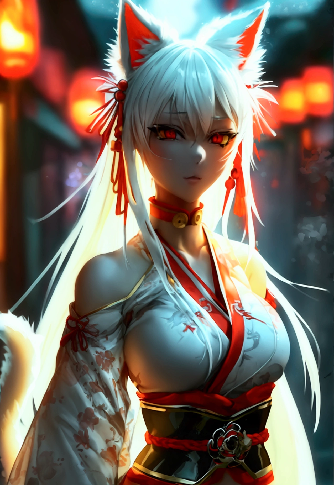 Make a full body sexy character with 2D graphics based on current anime 4k-8k The character is 22 years old. Mature body with big breasts and curves. Eyes red, white cat ears, long white hair down to the ankles. Cat's furry tail. The outfit is a mix of traditional Japanese kimono, Qipao chines stylized in a cyberpunk way. The colors of the clothes are predominantly white with details of blood red and gold.. With sock 3/4 black and white, stylish ninja sandals.