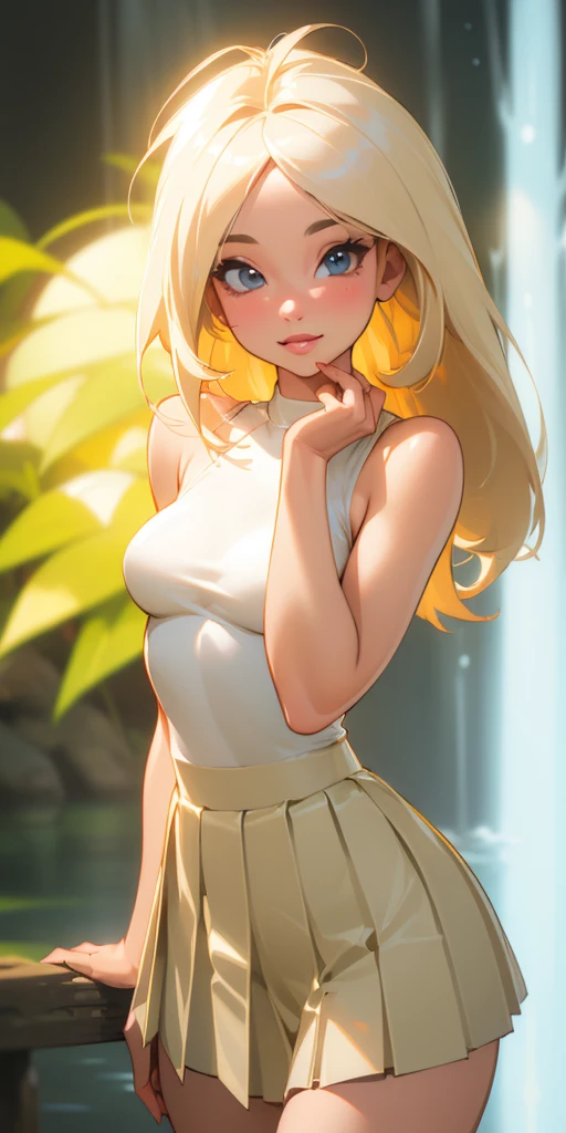 (Best Quality, ultra detailed, photorealistic: 1.39), bright and vibrant colors, studio lighting, romantic expression, looking straight ahead, short skirt, pleated micro skirt, Light Platinum Blonde Hair, small breasts, fit, waterfall hair.