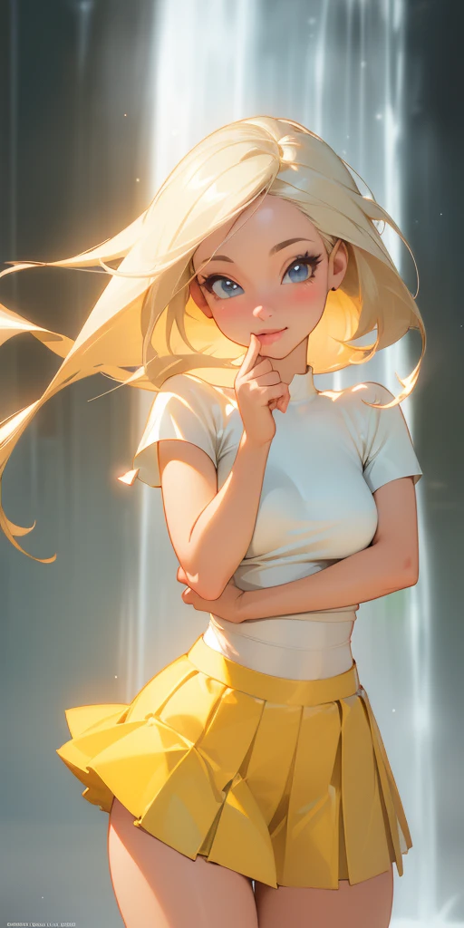 (Best Quality, ultra detailed, photorealistic: 1.39), bright and vibrant colors, studio lighting, romantic expression, looking straight ahead,  short skirt, pleated micro skirt, Light Platinum Blonde Hair, small breasts, fit, waterfall hair.