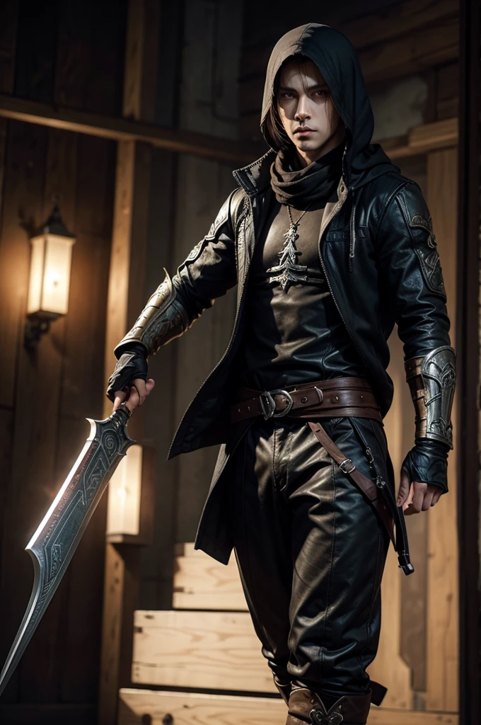 A male RPG character like those from Assassin's Creed but a pirate with black clothes and pistols on his belt