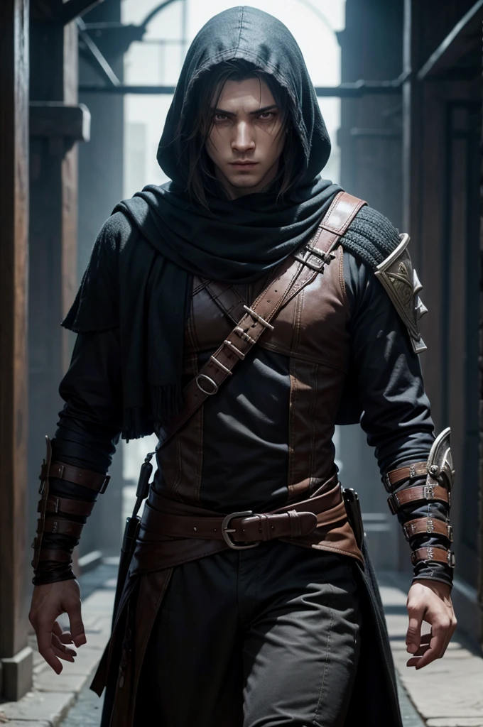 A male RPG character like those from Assassin's Creed but a pirate with black clothes and pistols on his belt