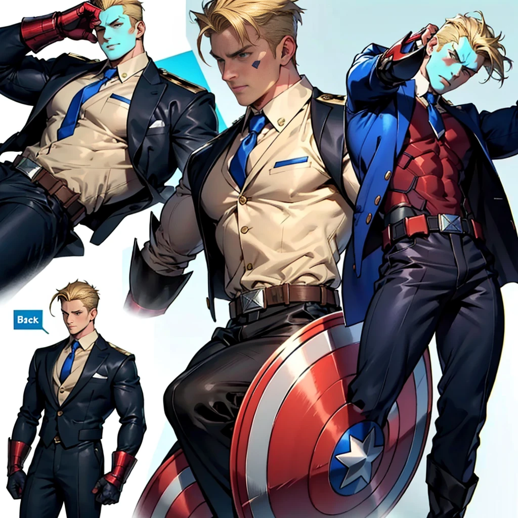A model sheet of a muscular adult Captain America, short blonde quiff hair, shaved neck, wears a light beige suit-style outfit, dark blue blouse underneath and black tie, black pants and black shoes, Using detailed gauntlets, in different poses, various face angles, Facial expressions, 8k quality.