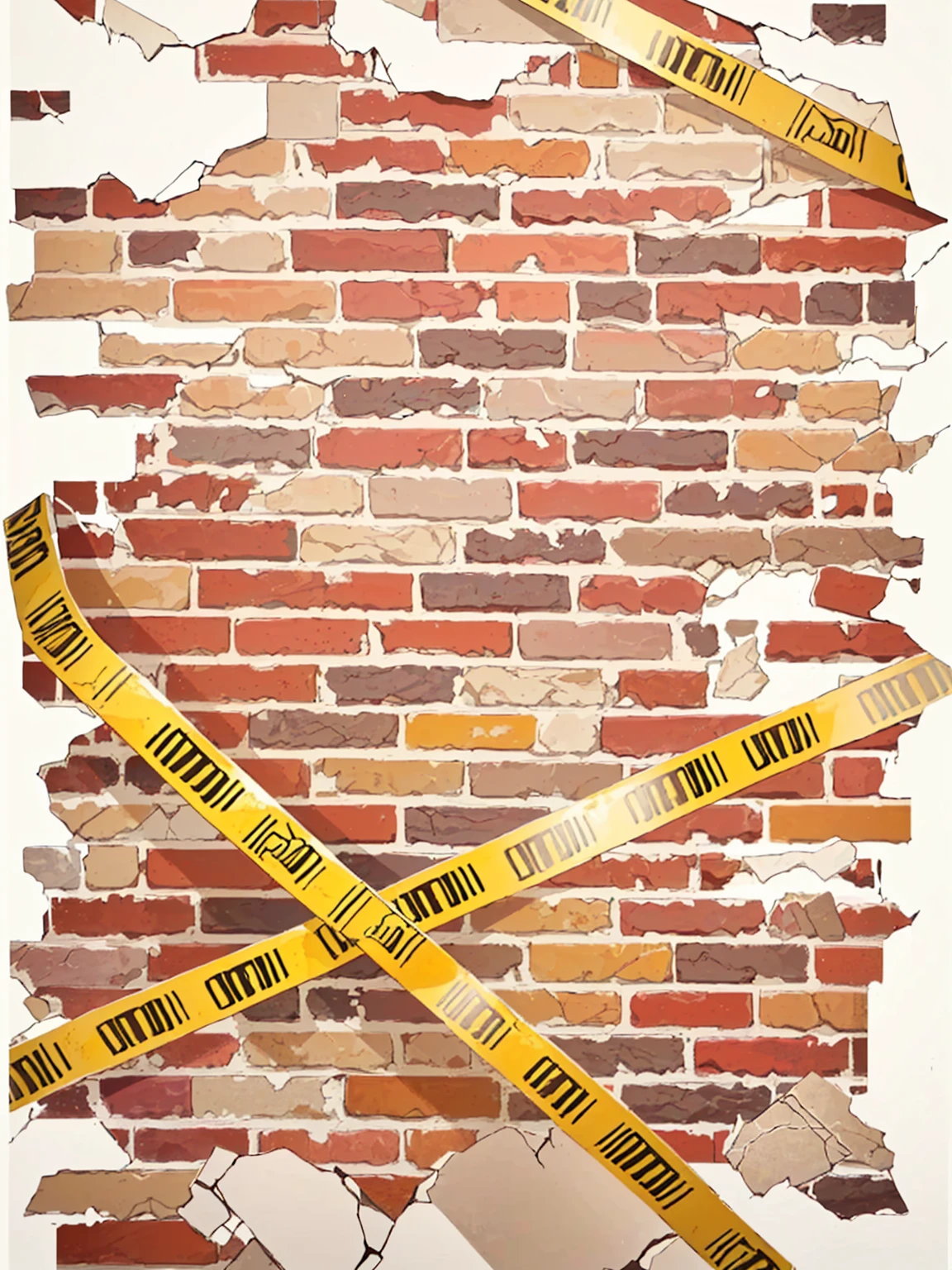 yellow tape is taped around a brick wall with a  sign, , 摇摇欲坠的brick石, brick wall, brick walls, brick wall background, brick, cracked brick wall, painted on a brick wall, brick debris, Graffiti _ background ( smokes ), cracked brick background, Danger, bricks, background artwork, brick wall texture, red bricks, firewall, artwork，Anime style，Detective Conan painting style