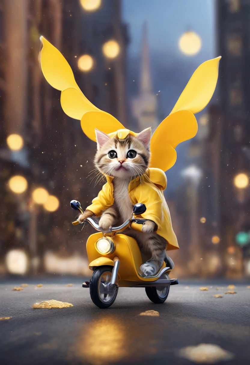 Hyper-realistic digital illustration featuring a kitten with large, expressive eyes, wearing a yellow raincoat and helmet, riding a tiny yellow motorcycle, set against a blurred nighttime city street with warm bokeh lights, creating a whimsical and detailed scene with textures of the wet pavement and scattered debris, highlighting the contrast between the sharp focus on the adorable feline and the out-of-focus urban background, adding a layer of surreal charm and imaginative detail to the picture.
