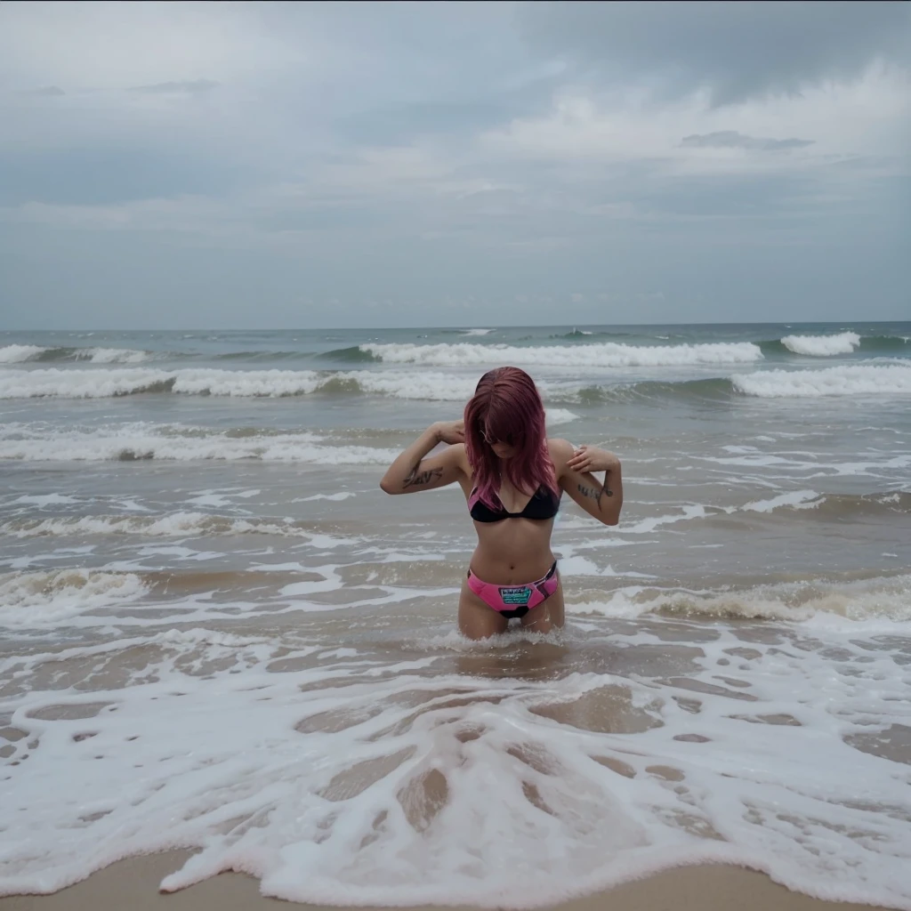 girl 21 years old, short shoulder-length pink hair, pink hair, bikini outfit, black bikini. he keeps his hands in front, his hands are not visible