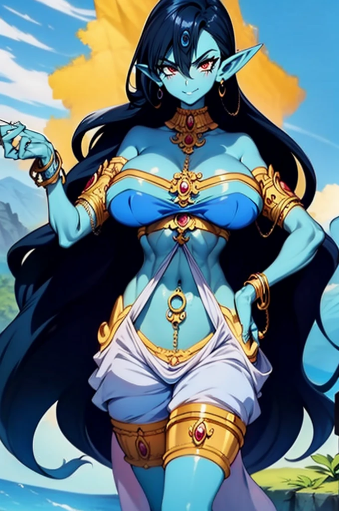 (Masterpiece, best quality, official art, 8K), ultra-detailed, a cartoon image of a Sky Blue Skinned female Djinn with blue hair and a chain around her neck, Human Hybrid Djinn, ((((sky blue skin)))), skin genie girl sky blue, ((perfectly detailed hands and fingers)), alone, Krenz Cushart and Artgerm, aesthetics!!!!!!, female genius, she is huge, beautiful girl genius, artgerm comics, colorful artgerm!!!, artgerm style, in the artgerm style, artgerm style, Asian Water Elemental Woman, Goddess Inanna, The Greek goddess Afrotita, aesthetic!!!!!!, (1 Female Genie Djinn), (Big Breasts), Beautiful Genie, Evil Goddess, Djinn Character, Detailed Body, mega detailed sensual body, perfect goddess body, Cuffs with Hanging Chains, Colorful Concept Art, Spiritual Fantasy Concept Art, female genie, ((blue hair)), Sky blue skin, Djinn girl, (Sky Blue Skinned Elf-Djinn).