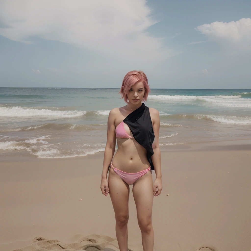 girl 21 years old, short shoulder-length pink hair, pink hair, bikini outfit, black bikini. he keeps his hands in front, his hands are not visible