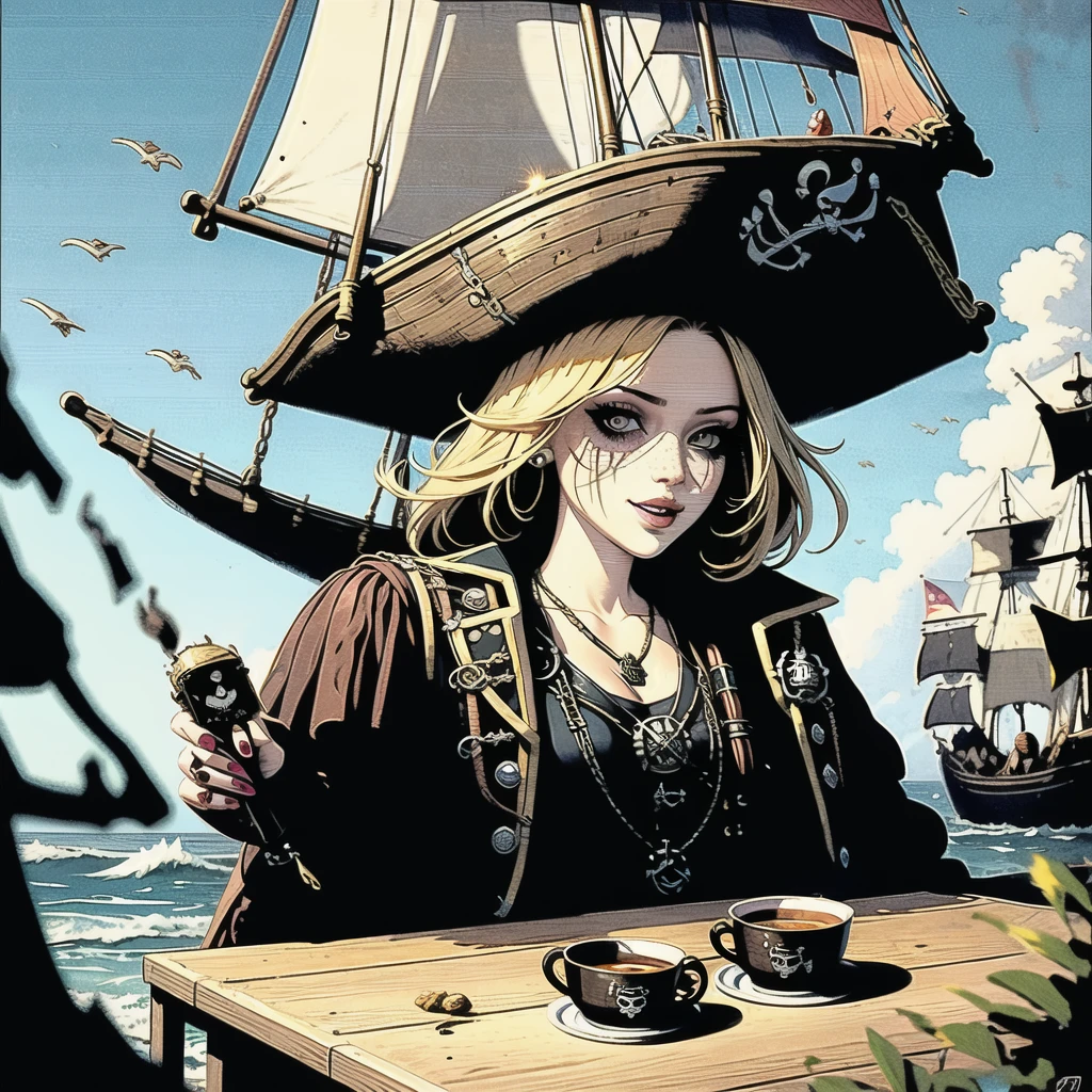 (masterpiece:1), (Best quality:1), high contrast, strong shadows, outlines, 1 girl, Adult Italian, freckles, jade eyes, White Smooth Hair,
Style-GravityMagic, focus on character, portrait, looking, One, upper body, detailed background, (pirate punks, pirate theme:1.1), damn pirate, realistic skin, rich pirate captain costume, cocked hat, cursed amulet, to walk, cup, open sea, wooden ship deck, Black Sails, explosions, flintlock pistol, pirate battle, whirlpool, rain, rob, sunrise, fantasy atmosphere,