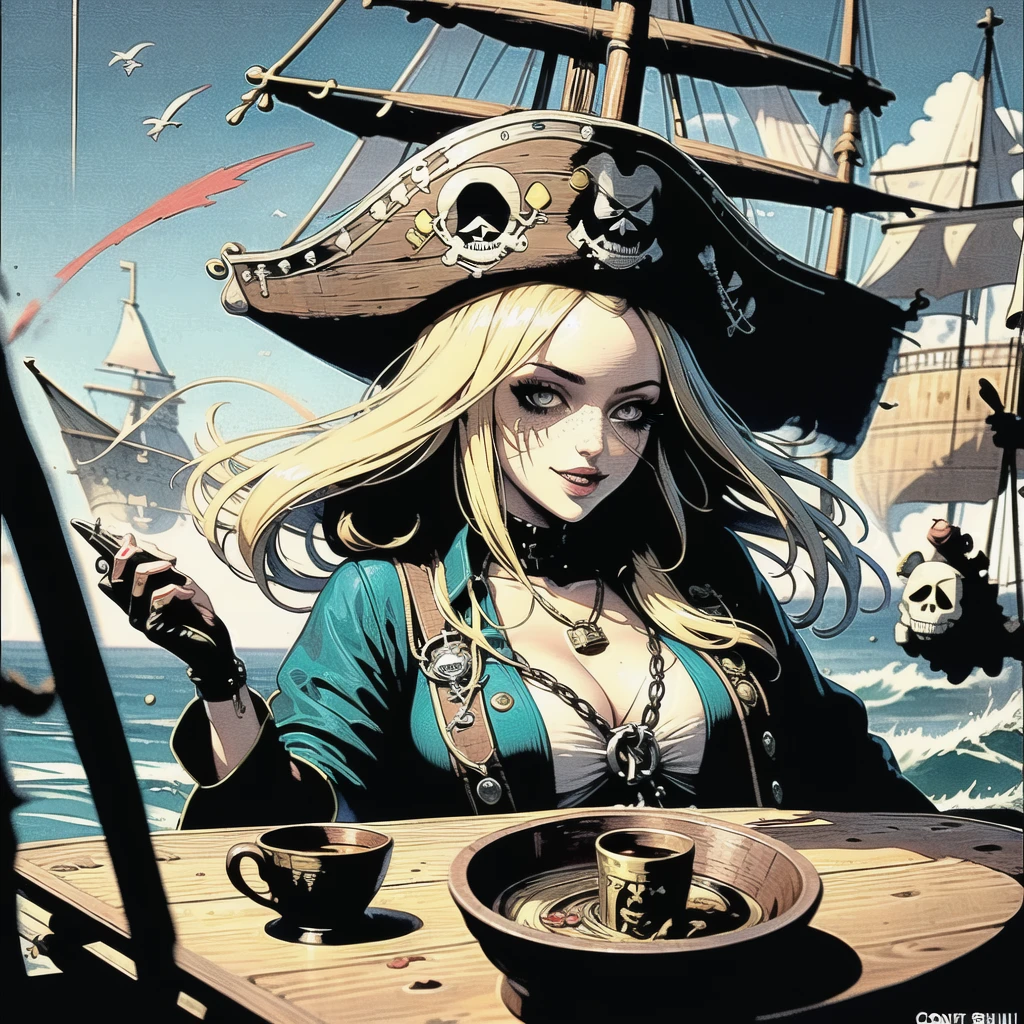 (masterpiece:1), (Best quality:1), high contrast, strong shadows, outlines, 1 girl, Adult Italian, freckles, jade eyes, White Smooth Hair, 
Style-GravityMagic, focus on character, portrait,  looking, One, upper body, detailed background, (pirate punks, pirate theme:1.1), damn pirate, realistic skin, rich pirate captain costume, cocked hat, cursed amulet,  to walk, cup, open sea, wooden ship deck, Black Sails, explosions, flintlock pistol,  pirate battle, whirlpool,  rain, rob, sunrise, fantasy atmosphere,