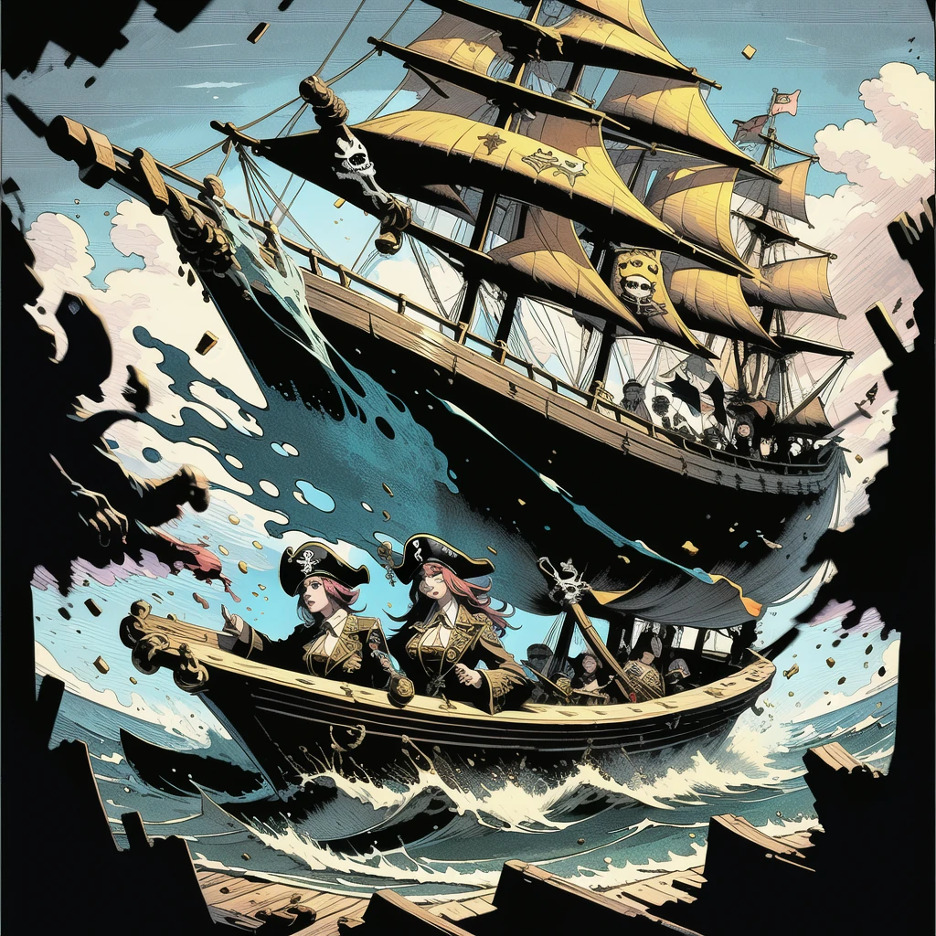 (masterpiece:1), (Best quality:1), high contrast, strong shadows, outlines, 1 girl, Adult Italian, freckles, jade eyes, White Smooth Hair,
Style-GravityMagic, focus on character, portrait, looking, One, upper body, detailed background, (pirate punks, pirate theme:1.1), damn pirate, realistic skin, rich pirate captain costume, cocked hat, cursed amulet, to walk, cup, open sea, wooden ship deck, Black Sails, explosions, flintlock pistol, pirate battle, whirlpool, rain, rob, sunrise, fantasy atmosphere,