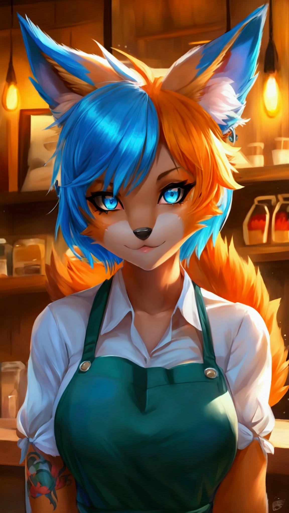 (anthro)) vixen/fox, by sana!rpg, Best Quality, masterpiece,, Illustration, Wallpaper,1girl in, Solo, orange fur, white hair, mohawk on one side, ,mohawk haircut, the end tips of hair are aqua blue, dot piercings 3 in 2 row down her snoot, multipule golden ear piercings , golden yellow eyes, glowing eyes, Beautiful detailed girl, extremely detailed eye and face, black dragon tattoo on her arm, tattoos, Beautiful detailed eyes, natural_Lighting, Looking at Viewer, Thick_thighs, big ass, tall, hourglass figure, female, cute, Starbuck, casher, barista, Starbucks apron, large breasts, natural breasts, tail, tall, happy expresion, wide hips thin waist, 8k