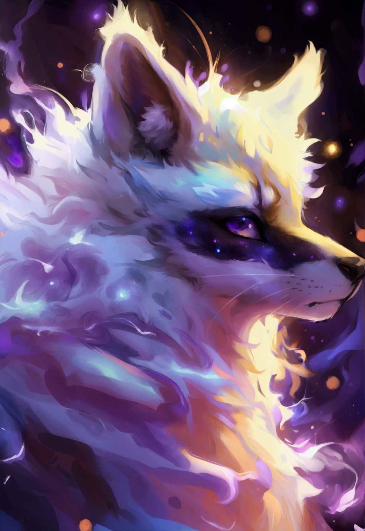 Furry male topless galaxy design, purple and white fur design complex design (high quality,4k,8k,highres,masterpiece), ultra-detailed, impressionistic:colorful,