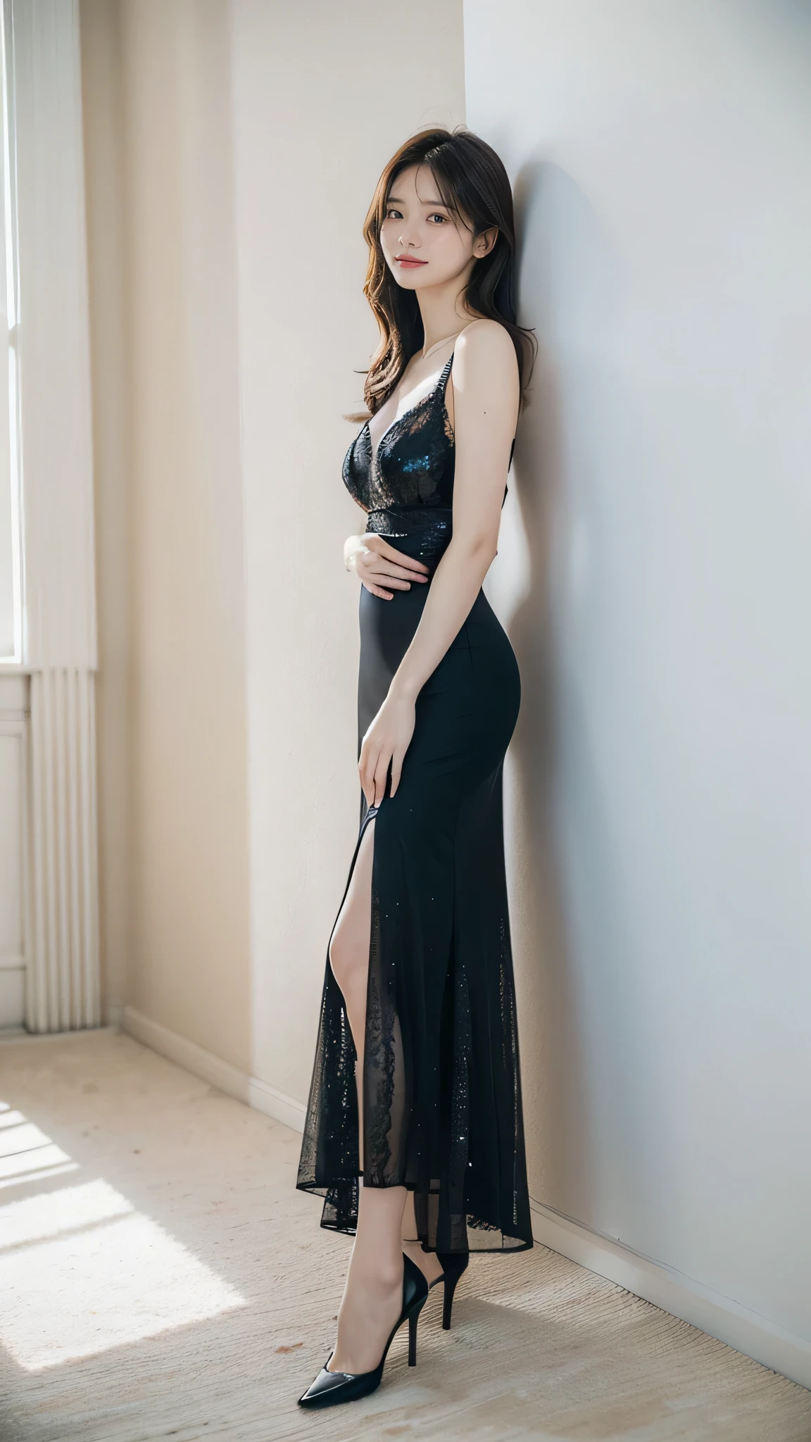 (8K、Raw photo、Highest quality、masterpiece:1.2)、(Realistic、Realistic:1.37)、Ultra-high resolution、One Girl、cute、alone, Browsing Caution,Highest quality,masterpiece,8K,Droopy eyes,Big Breasts,Beautiful breasts, Wearing a black dress, Inside the room, smile, Highly detailed face, Highly detailed lips, double eyelid, Exquisite detail and subtle sparkle, Photograph her in poses that reflect both grace and confidence, Enhance visual effects with cinema lighting. Use modern 2D designs for your backgrounds, Create beautifully, Balanced composition. Enhance the scene with elements such as depth of field, bloom effect, And a touch of sparkle, Adds a dreamy texture to the entire image. Pay close attention to detail