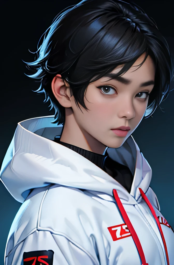 Highest quality、Highest quality、Professional portrait、Science fiction、My name is Park Yu-jin、18-year-old female、Korean facial features、Powerful eyes、Thick lips、Short Hair、Black Hair、hoodie、Taekwondo Master、Well-trained muscular body、Everything is meticulously detailed