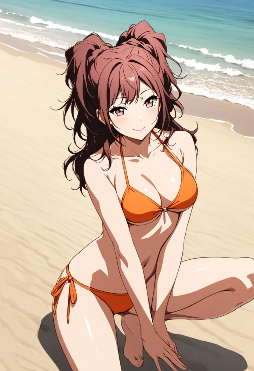 Rise Kujikawa, sensual smile in beach, medium breasts, sensual orange bikini,sensual pose 