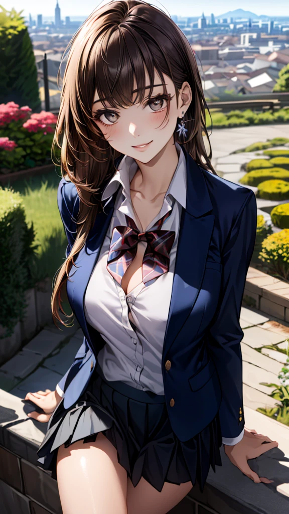 (masterpiece:1.3, Highest quality, Ultra-high resolution, Super detailed), (Realistic, photoRealistic:1.4), Beautiful illustrations, Perfect lighting, colorful, Depth of written boundary,
Beautiful detailed hair, Beautifully detailed face, Beautiful attention to detail, Beautiful clavicle, Beautiful body, Beautiful breasts, Beautiful thighs, Beautiful feet, Beautiful fingers,
View your viewers, Front view:0.6, 1 Girl, Japanese, high school girl, Perfect Face, (Perfect Anatomy, Anatomically correct), Cute and symmetrical face, Baby Face, , Shiny skin,
(Long Hair:1.5, Straight hair:1.6, Rosy brown hair), Asymmetrical bangs, Grey Eyes, Long eyelashes, (Medium chest), thin,
((Navy Blazer, White collared shirt, nabuto pleated skirt)), Dark red bow tie, Earrings,
(Beautiful views), evening, (garden, distant cityscape), Are standing, (Place your hand on your chest), (Smile, Part your lips),