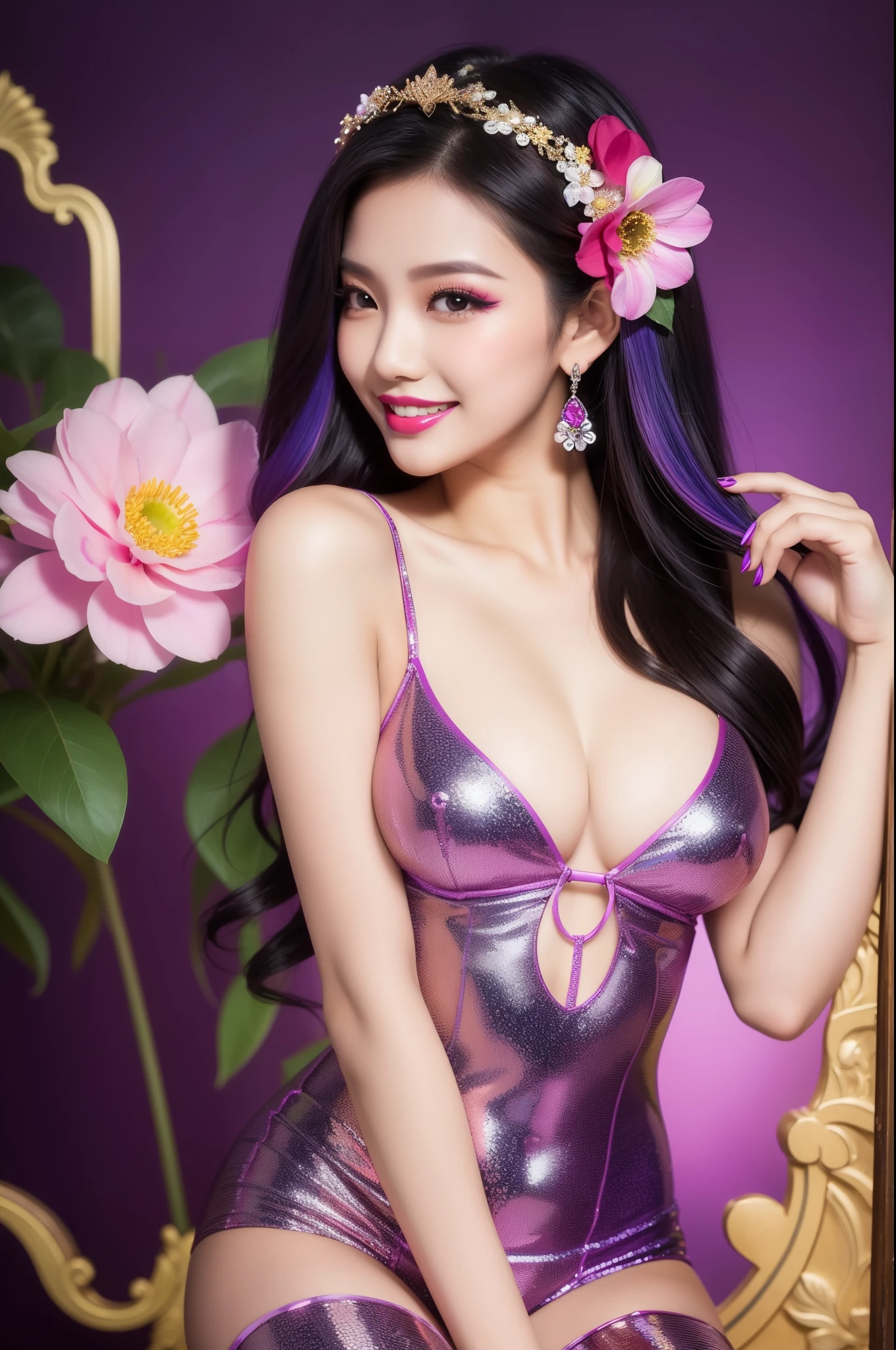 sexy Thai model who controls poison、beautiful smile、lipgloss、bold lipstick、intense makeup、look at the camera、full body Esbian、、sparkling poisoned flower costume、、、、sparkling Colorful hair、secrete poison、skull hair accessories、sexy tights、shiny sparkling flowers background