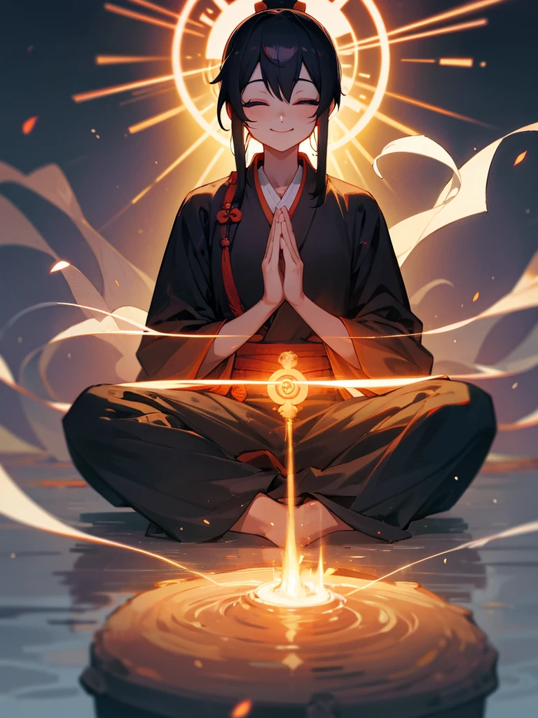 Amitabha Buddha smiling eyes closed zazen halo black hair hands together