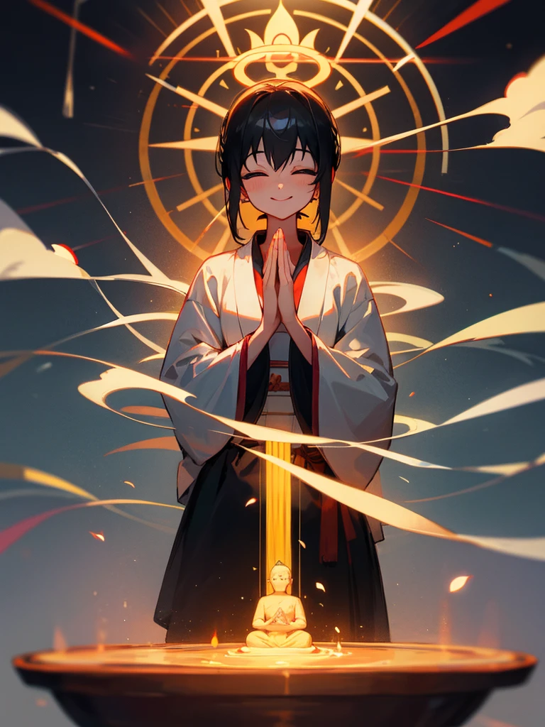 Amitabha Buddha smiling eyes closed zazen halo black hair hands together