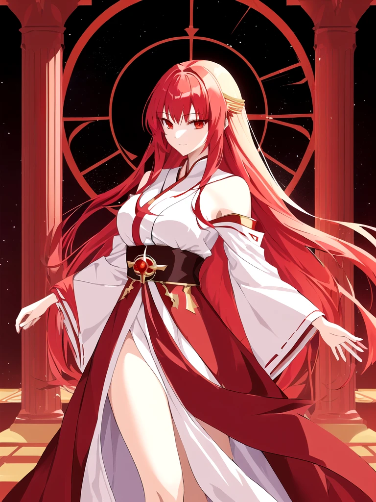 Anime style female character wearing red and white dress, Red-haired goddess, Anime Goddess, Long flowing hair and robes, ((Beautiful fantasy queen)), Makeup Gremory, Popular on artstation pixiv, long hair anime girl, Ayaka Genshin Impact, With long red hair, Kushat Krenz Key Women in Art